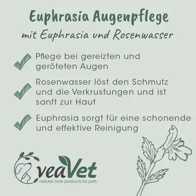 Euphrasia Augenpflege mit Rosenwasser: Pflege bei gereizten Augen, sanfte Reinigung von Schmutz und Verkrustungen. Marke: veaVet, natürliche Pflegeprodukte für Haustiere.
