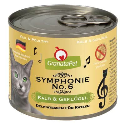 GranataPet Symphonie No.6 Kalb & Geflügel, boîte pour chat, sans céréales, fabriqué en Allemagne, Delicatessen für Katzen, image de chat et notes de musique sur l’emballage. GranataPet Symphonie No.6 Kalb & Geflügel, boîte pour chat, sans céréales, fabriqué en Allemagne, Delicatessen für Katzen, image de chat et notes de musique sur l’emballage.
