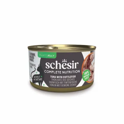 Schesir Complete Nutrition Filet în gelatină 6 x 85 g - Ton cu calamar Schesir Complete Nutrition Filet în gelatină 6 x 85 g - Ton cu calamar