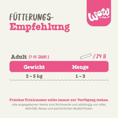 Fütterungsempfehlung für erwachsene Katzen (1-10 Jahre): Gewicht 2-5 kg, Menge 1-3 pro Tag. Frisches Trinkwasser sollte immer zur Verfügung stehen.