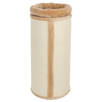 Klöspelare med beige plyschkant och sisalyta, cylindrisk form.