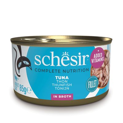 Schesir Complete Nutrition, filetti di tonno in brodo, 6x85g, filetti 100% naturali, con vitamine aggiunte. Per gatti adulti.