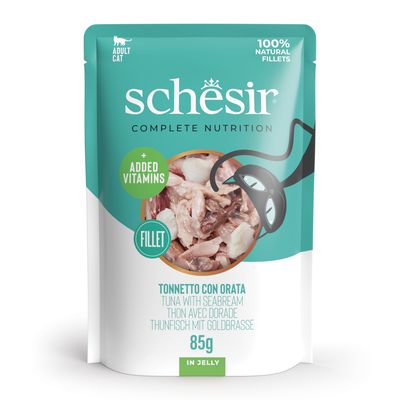 Schesir Complete Nutrition dla dorosłych kotów, filet z tuńczyka w galarecie, 6x85g, z dodatkowymi witaminami, 100% naturalne filety.