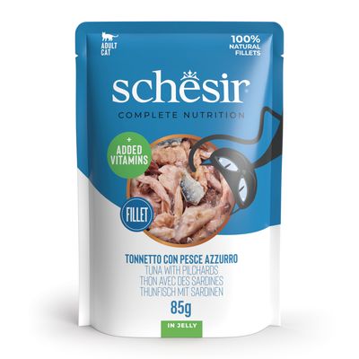 Schesir Complete Nutrition aikuisille kissoille, tonnikalafileet hyytelössä, 6x85g, lisävitamiineilla, 100 % luonnolliset fileet.