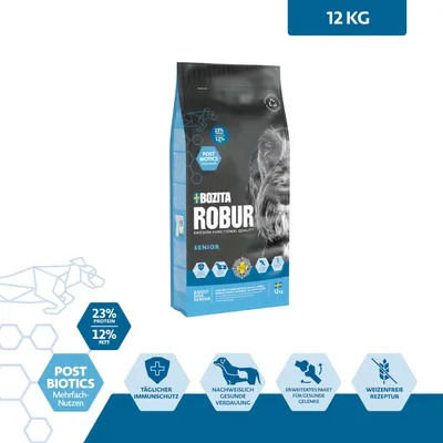 Bozita Robur Senior, 12 kg. Postbiotika för dagligt immunskydd, hälsosam matsmältning, utökad ledvård, vetefri sammansättning. 23% protein, 12% fett.