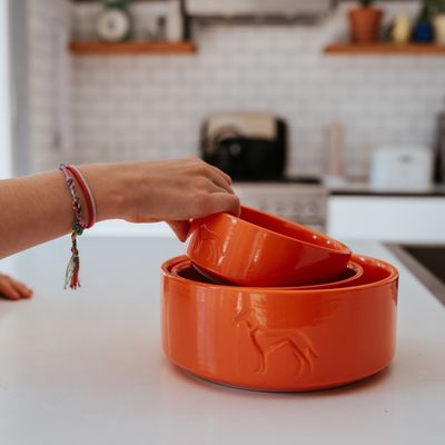 Hand reaching for orange food bowls with dog motif, stacked on a white table.