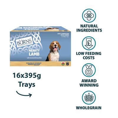 Burns Hearty Lamb with carrots and brown rice, 16x395g trays. Natural ingredients, low feeding costs, award-winning, wholegrain. For adult and senior dogs of all breeds.