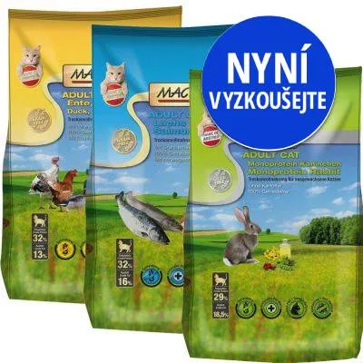 Tři balení MAC's ADULT CAT: Duck, Salmon, Rabbit. Viditelné ikony s obsahem bílkovin a tuků. Modrý kruh s textem NYNÍ VYZKOUŠEJTE.