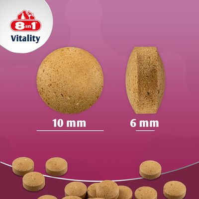 8in1 Vitality tablete promjera 10 mm i visine 6 mm, prikaz proizvoda na ljubičastoj pozadini.