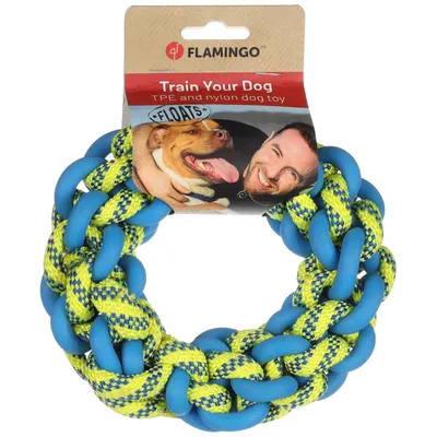 Jouet pour chien FLAMINGO, anneau tressé en TPE et nylon, texte visible : 'Train Your Dog', 'FLOATS'. Emballage montrant un chien. Couleurs bleu et jaune.