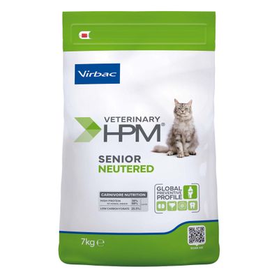 Virbac Veterinary HPM Senior Neutered, Carnivore Nutrition: 38 % protein, 88 % av animaliskt ursprung, 25,5 % kolhydrater, Global Preventive Profile, 7 kg påse.