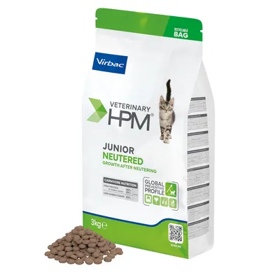 Virbac Veterinary HPM Junior Neutered, 3kg, para gatos esterilizados. Envase reciclable. Carnivore Nutrition: alto contenido de proteínas 44%, bajo contenido de carbohidratos 20%. Código QR visible.