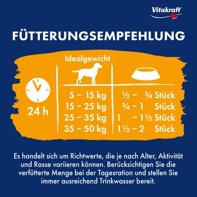 Fütterungsempfehlung für Hunde: Idealgewicht 5-15kg, ½-¾ Stück; 15-25kg, ¾-1 Stück; 25-35kg, 1-1½ Stück; 35-50kg, 1½-2 Stück. Hinweise zu Alter, Aktivität und Trinkwasser beachten.