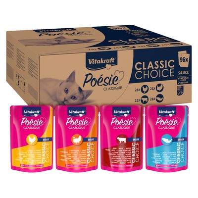 Vitakraft Poésie Classique, Classic Choice Sauce, 12 porties. Zonder toegevoegde suikers, zonder granen. Soorten: kip, rund, lam, vis. MSC-gecertificeerd.