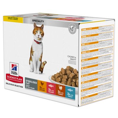 Hill's Science Plan Adult Sterilised 12 x 85 g Pui, somon, curcan, păstrăv