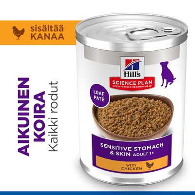 Hill's Science Plan Sensitive Stomach & Skin Adult 1+ kanaa, Loaf Paté. Sisältää kanaa. Kaikkien rotujen aikuisille koirille.