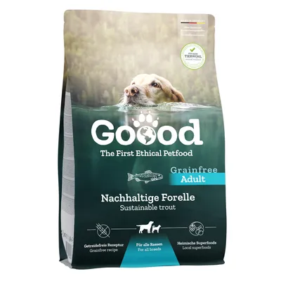 Goood Adult Hundefutter, nachhaltige Forelle, getreidefreie Rezeptur, heimische Superfoods, für alle Rassen. Made in Germany, ohne künstliche Konservierungsstoffe, Tierwohl zertifiziert. Goood Adult Hundefutter, nachhaltige Forelle, getreidefreie Rezeptur, heimische Superfoods, für alle Rassen. Made in Germany, ohne künstliche Konservierungsstoffe, Tierwohl zertifiziert.