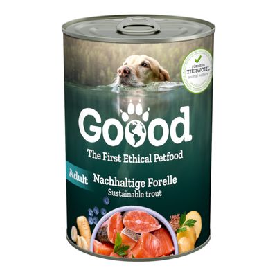Goood Adult Nassfutter mit nachhaltiger Forelle, Zutaten wie Forellenstücke, Gemüse und Beeren sichtbar. Siegel: Für mehr Tierwohl.