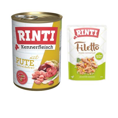 Rinti Kennerfleisch med kyckling, spannmålsfri. Bild av köttbitar och sigill 'Rinti seit 1983 Original'.