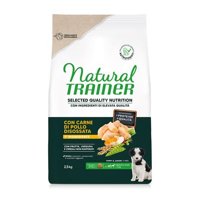 Natural Trainer Trockenfutter für Welpen, mit entbeintem Hühnerfleisch, Obst und Gemüse. Ohne Farbstoffe, Konservierungsstoffe und Zuckerzusätze. Verpackung 2,5kg.