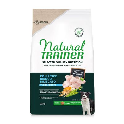 Natural Trainer Hundefutter, 2,5kg, mit weißem Fisch als Hauptzutat, Obst, Gemüse und unraffinierten Getreiden. Ohne Farbstoffe, Konservierungsstoffe und Zuckerzusatz. Für mittelgroße und große Hunde.
