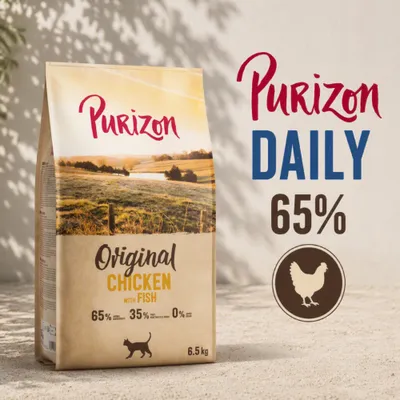 Purizon Daily Original Пиле с риба, 65% животински съставки, 35% растителни и други, 0% зърнени култури, 6,5 кг. Видими са символ на пиле и силует на котка.