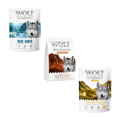 15% taniej! Wolf of Wilderness, karma sucha dla psa, 3 x 400 g - Nowa receptura: Adult „Blue River”, łosoś, 400 g + "Explore The Mighty Summit" - Performance, 400 g + Explore The Endless Terrain" - Mobility, 400 g 15% taniej! Wolf of Wilderness, karma sucha dla psa, 3 x 400 g - Nowa receptura: Adult „Blue River”, łosoś, 400 g + "Explore The Mighty Summit" - Performance, 400 g + Explore The Endless Terrain" - Mobility, 400 g