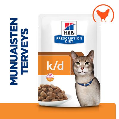 Hill's Prescription Diet k/d, kuva kissasta, kanan symboli, teksti: MUNUAISTEN TERVEYS, ActivBiome+ Kidney Defense.
