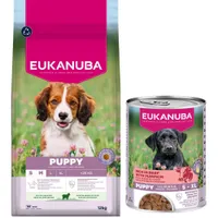 Croquettes Eukanuba Premium Nutrition 12 kg ou 15 kg pour chien + boîtes 3 x 400 g offertes ! - Puppy Small et Medium Breed Agneau et Riz (12 kg) + Puppy Riche en Bœuf et Citrouille
