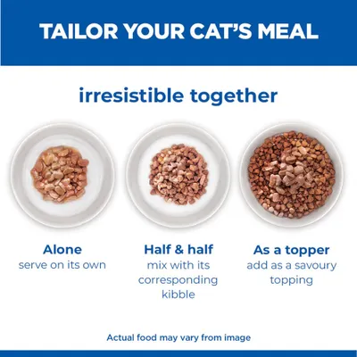 Three ways to serve cat food: serve on its own, mix half and half with dry food, or use as a topping. Note: The actual food may differ. Three ways to serve cat food: serve on its own, mix half and half with dry food, or use as a topping. Note: The actual food may differ.