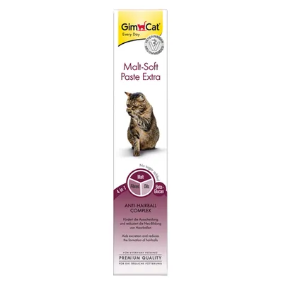 Упаковка GimCat Malt-Soft Paste Extra с изображением кошки, надписями: 'Malt-Soft Paste Extra', 'ANTI-HAIRBALL COMPLEX', 'Malt', 'Fibres', 'Oils', 'Beta-Glucan'.