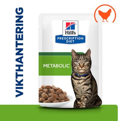 Hill's Prescription Diet Metabolic, bild på en katt, skål med foderbitar, hönssymbol, text: VIKTHANTERING