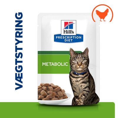 Hill's Prescription Diet Metabolic, VÆGTSTYRING, billede af en kat og en skål med foder, kyllingesymbol øverst til højre.