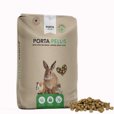 Saco de lecho de trigo natural PORTA PELLIS 20 L, con imágenes de conejo, cobaya y ratón. Texto visible: '40% Saugkraft', 'Geruchsbindend', 'Staubarm'.