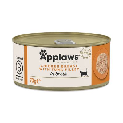 Applaws Natural Cat Food, tonijnfilet met krab in bouillon, 70g blik. Gecertificeerd B Corporation, 100% natuurlijke ingrediënten.