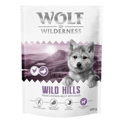 Wolf of Wilderness szárazeledel, Blue River lazaccal és Wild Hills kacsával, 100% gabonamentes recept, 100 g-os csomagok.