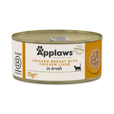 Applaws krmivo pro kočky, filet z tuňáka s krevetou ve vývaru, 48 konzerv po 70 g, 100% přírodní složky, Certified B Corporation.