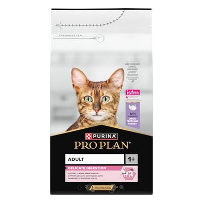 Purina Pro Plan Adult 1+ Delicate Digestion, n. 1 tacchino come ingrediente, cibo per gatti per digestione sensibile.