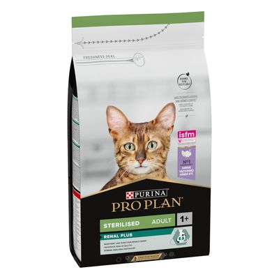 Purina Pro Plan Sterilised Adult 1+ pääainesosana kalkkuna, Renal Plus -koostumus. Pakkauksessa kissa ja tuotetiedot.