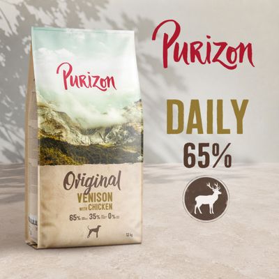 Purizon Original Venado con Pollo DAILY 65%. 65% carne, 35% verduras, 0% cereales. Pack de 12 kg, con símbolo de ciervo.