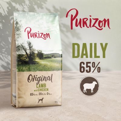 Purizon Original Jahňacie s kuracím, DAILY 65 %, 65 % jahňacie, 35 % ďalšie prísady, 0 % obilniny, zobrazené 12 kg vrece.