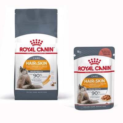 Royal Canin Regular Sensible 33 -kuivaruokapussi ja useita Royal Canin Care Digest Sensitive 85 g -annospusseja, punainen prosenttimerkki tarjouksen merkkinä