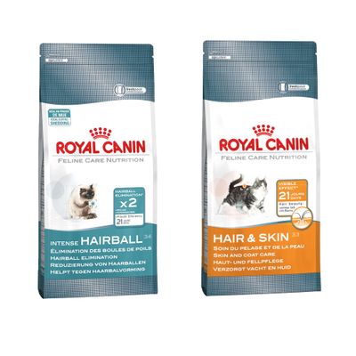 Dwie torby karmy Royal Canin: Sterilised 37 i Savour Exigent dla kotów. Na pomarańczowym kole tekst: Wypróbuj teraz!