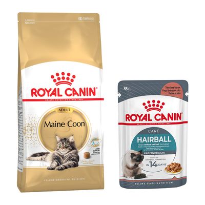 Sachet de croquettes Royal Canin Regular Sensible 33 pour chat, plusieurs sachets Royal Canin Care Digest 85 g, pastille verte avec texte Bi-nutrition.