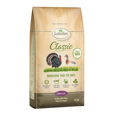 Lukullus Classic Senior cibo per cani, tacchino e anatra con patate e mela, senza cereali, arricchito con olio di salmone, ingredienti naturali, sacco da 12 kg.
