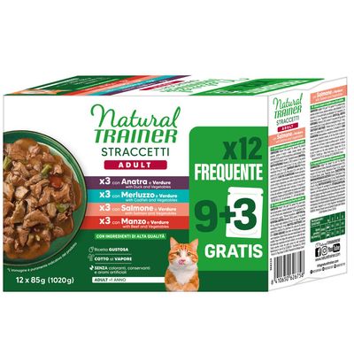 Natural Trainer Straccetti pour chat adulte, 12x85g : 3 sachets saumon et légumes, 3 poulet et légumes, 3 thon et légumes, 3 dinde et légumes. Offre 9+3 sachets gratuits visible.