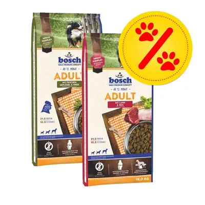 bosch ADULT mit frischem Geflügel & Hirse, bosch ADULT mit Lamm & Reis, 15 kg, 21,5 % białka, 10,5 % tłuszczu. Znak procentowy z łapkami wskazujący na promocję.