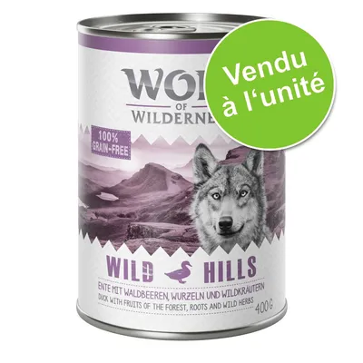 Wolf of Wilderness Wild Hills, 100% grain-free, canard avec fruits des bois, racines et herbes sauvages, 400 g. Vendu à l’unité.