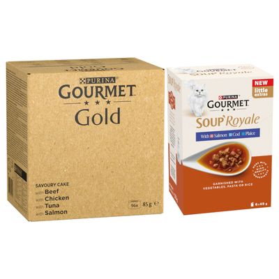 Purina Gourmet Gold Ragout rafinat, 96x conserve în sortimente diferite. Ambalaj și imagini ale produsului vizibile.