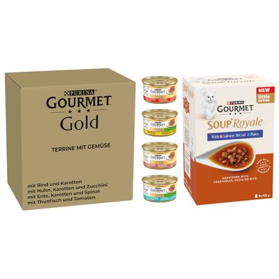 Purina Gourmet Gold Ragout rafinat, 96x conserve în sortimente diferite. Ambalaj și imagini ale produsului vizibile.